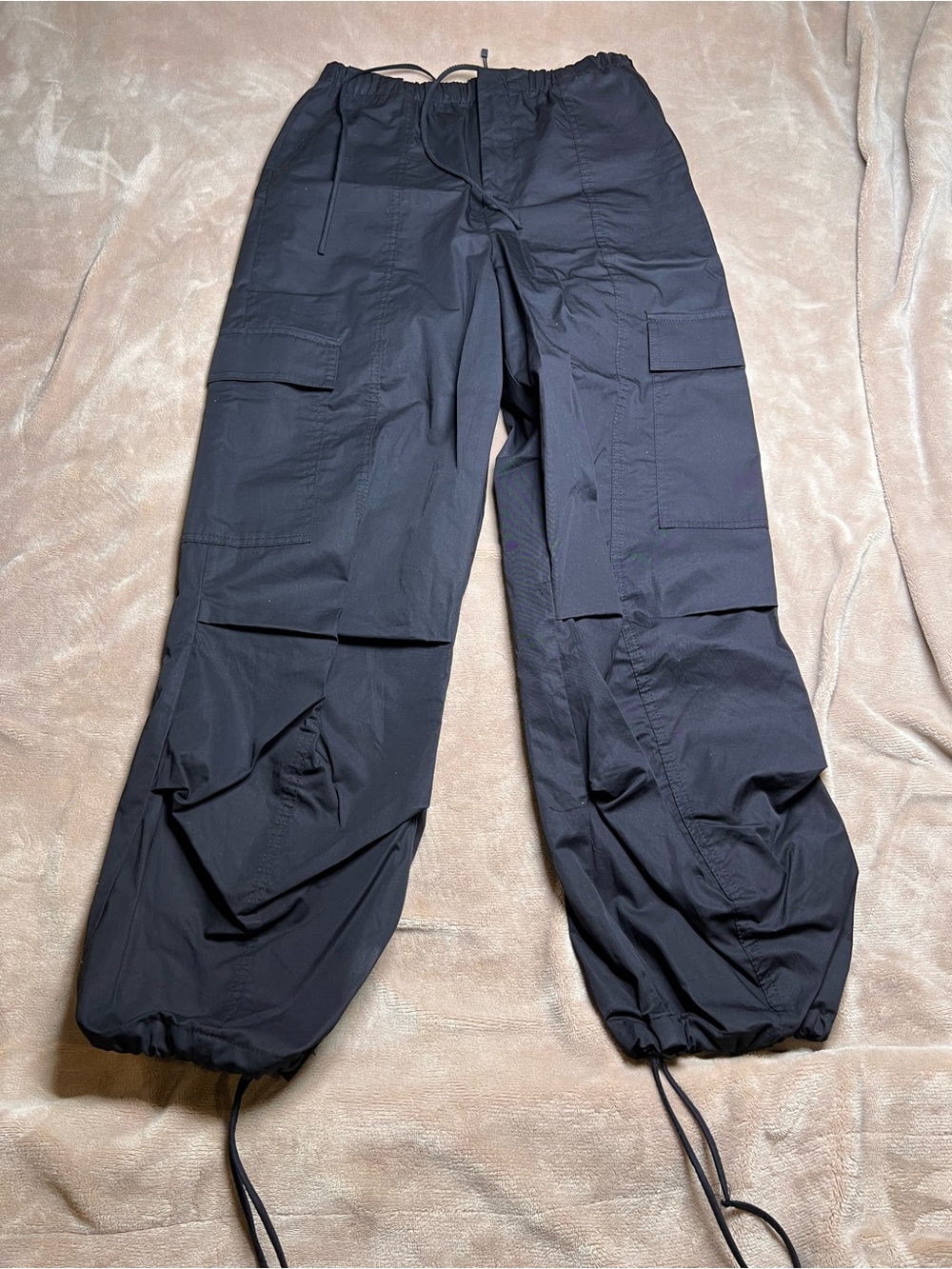 ZARA Black Lightweight Utility Cargo Parachute Pants with Drawstrings - Sz XS